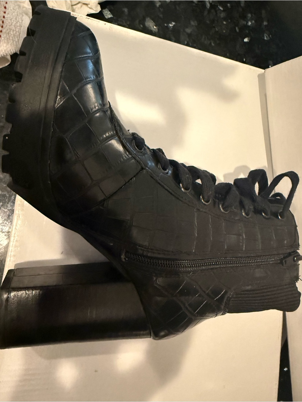 Steve Madden Black Croc-Embossed Lace-Up Platform Boots - Picture 3 of 4